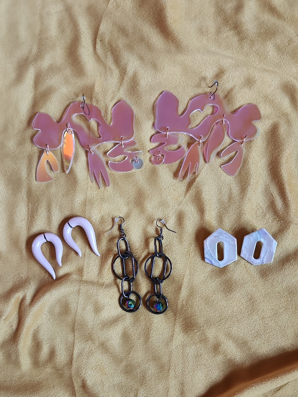 Handmade Pink Abstract Dangle Earrings Faux Gauges Acrylic And Clay Set